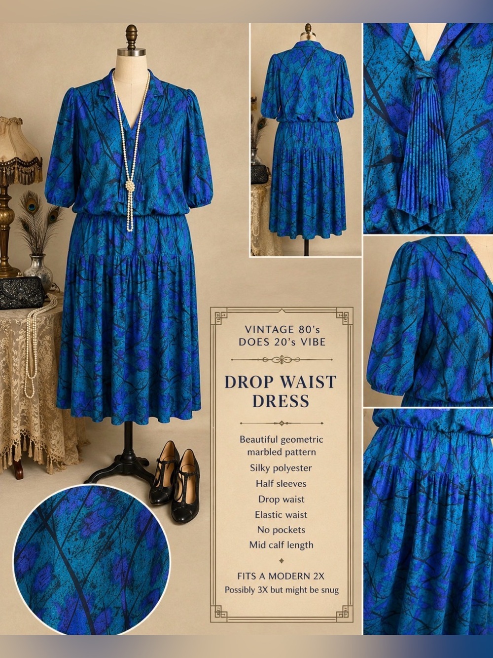 Vintage 80’s does 20’s style- handmade- plus size- Blue Abstract dress